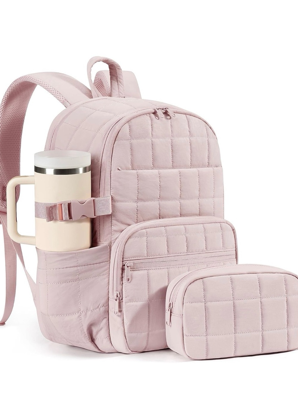 Quilted Pink Backpack Set with Matching Pouch